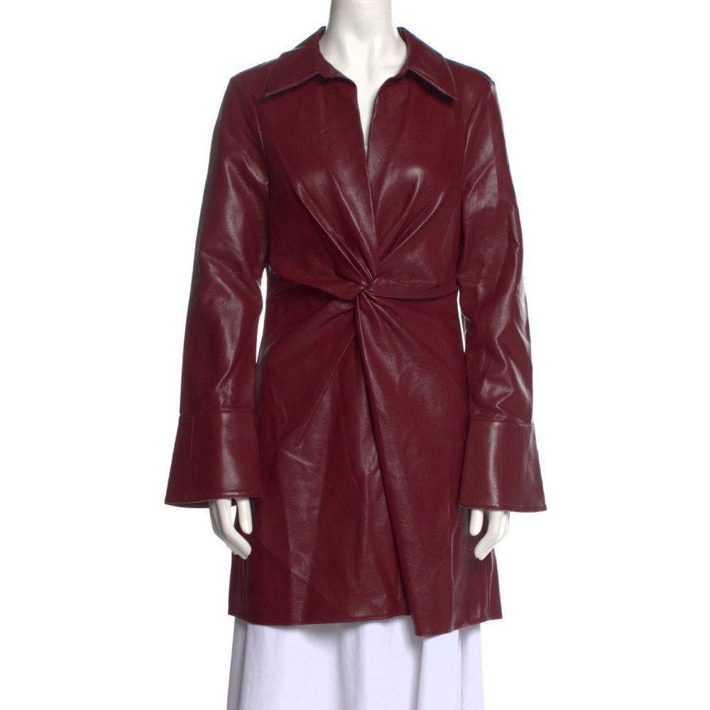 NWT Cinq a Sept Burgundy Faux Leather Dress Bell Sleeve Twist Waist Size 8 - Picture 5 of 8